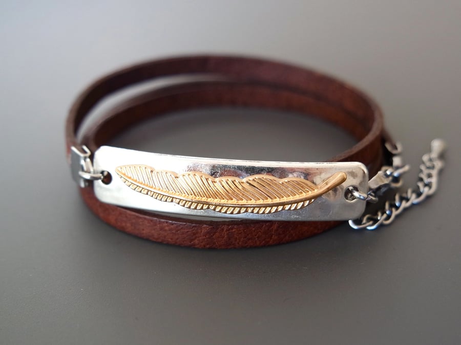 Leather wrap bracelet - feather silver gold plated rectangular