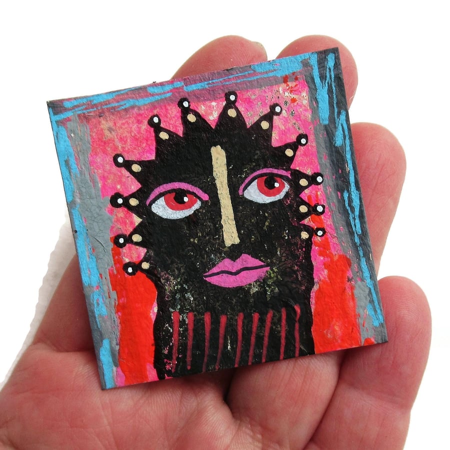 Very SMALL Original Painting 2"  Square Miniature Outsider Folk Art Figure