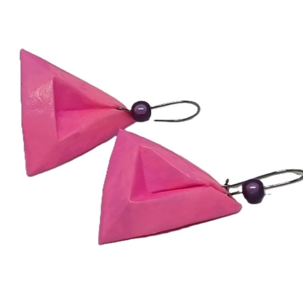 Geometric pink paper triangle earrings
