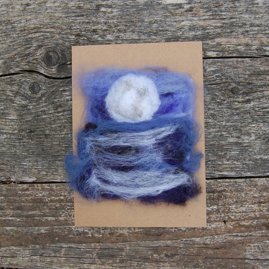 Needle felt  greetings card,  Full moon rising over the sea