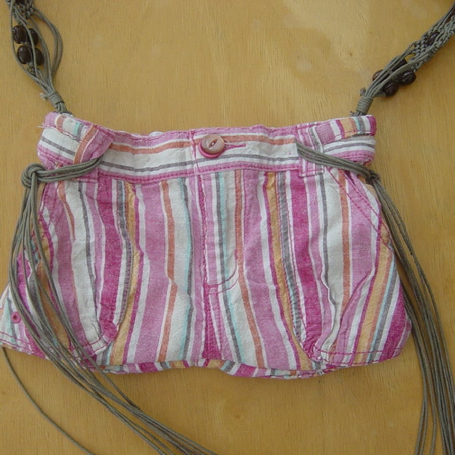 Candy Stripe Upcycled clothing Handbag with Belt Strap