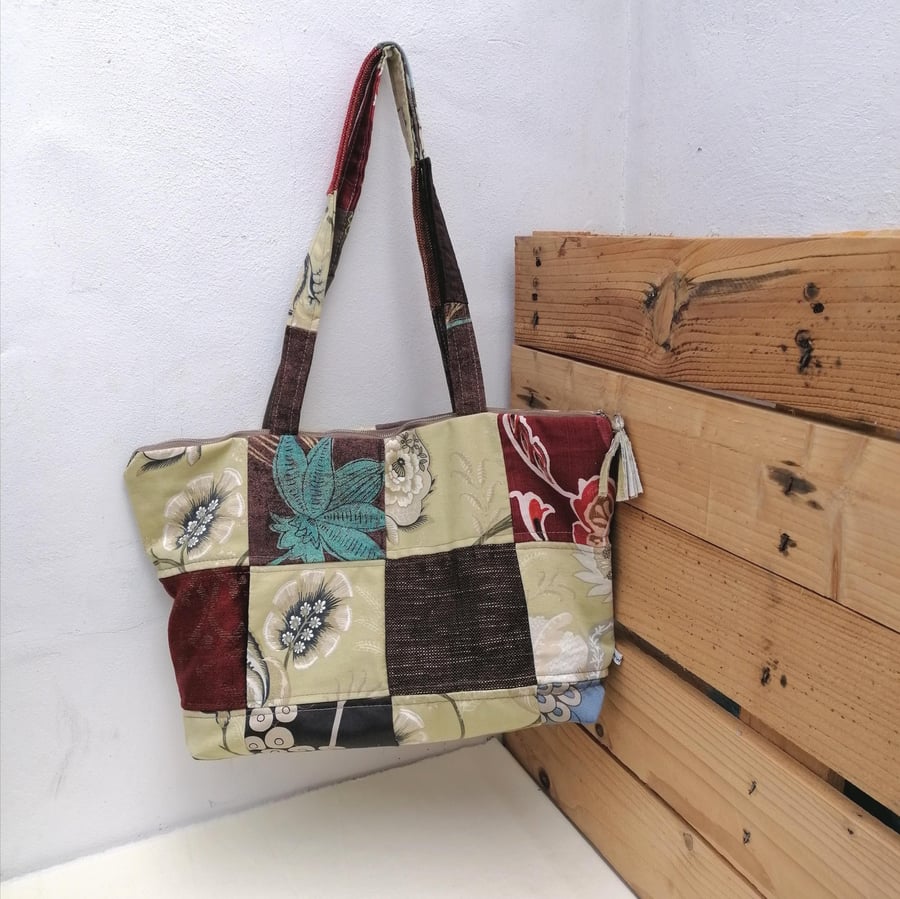 Zipped Patchwork Tote Bag, Shoulder Handbag