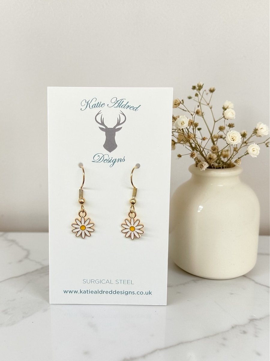 Charm Earrings - Enamel Daisy - White