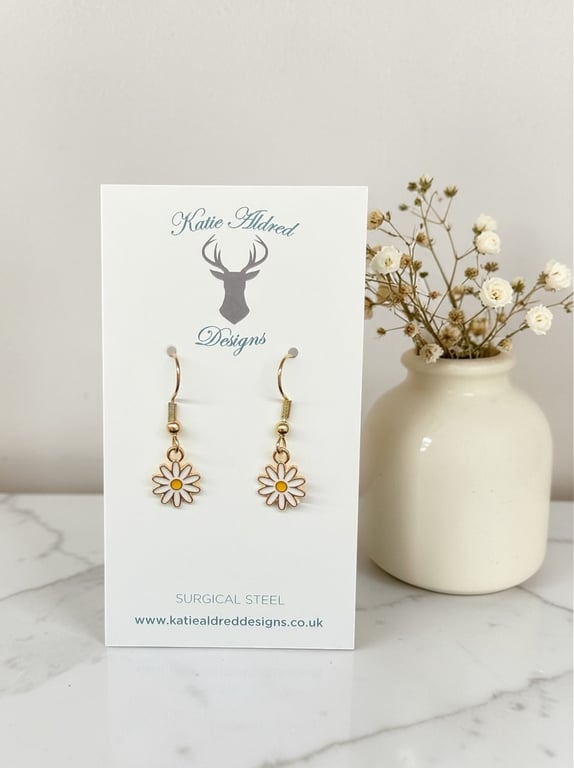 Charm Earrings - Enamel Daisy - White