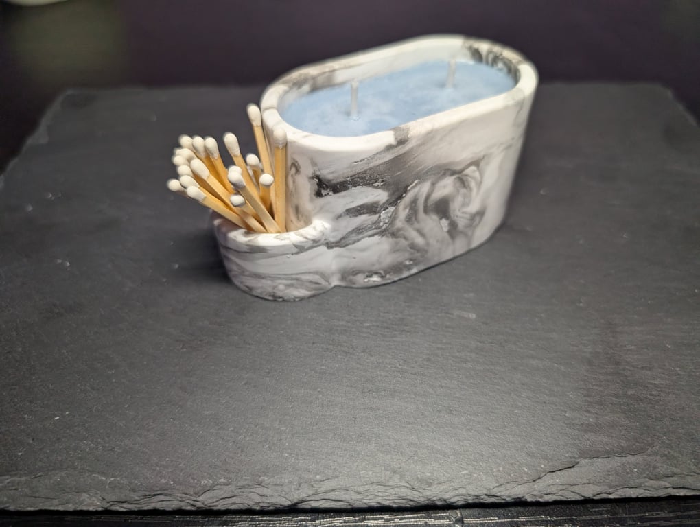 Blue Purple Candle in Black & White Marble Effect Eco-Resin Holder