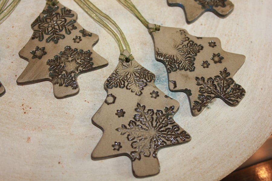 Handmade ceramic green  tree  impressed snowflake design hanging decoration