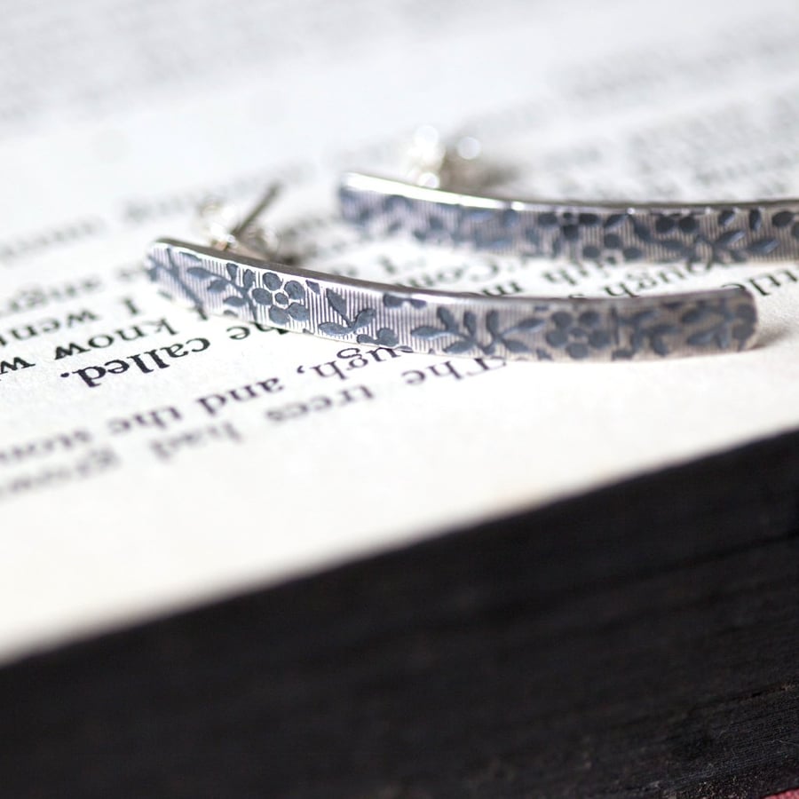 Long Flat Floral Silver Earrings