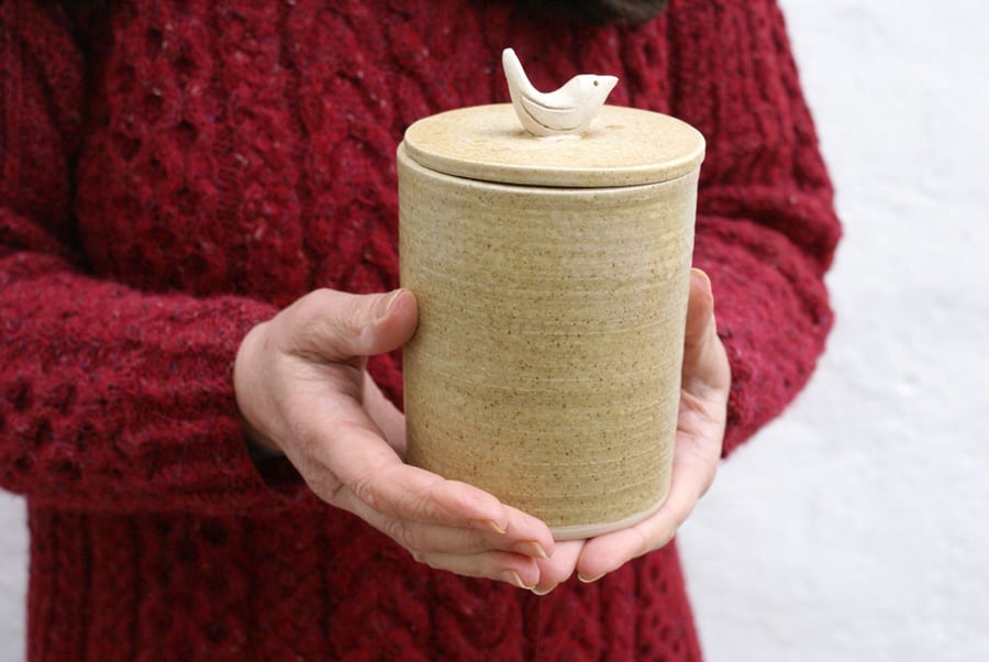 Little wren ceramic kitchen canister - stoneware pottery jar in natural brown