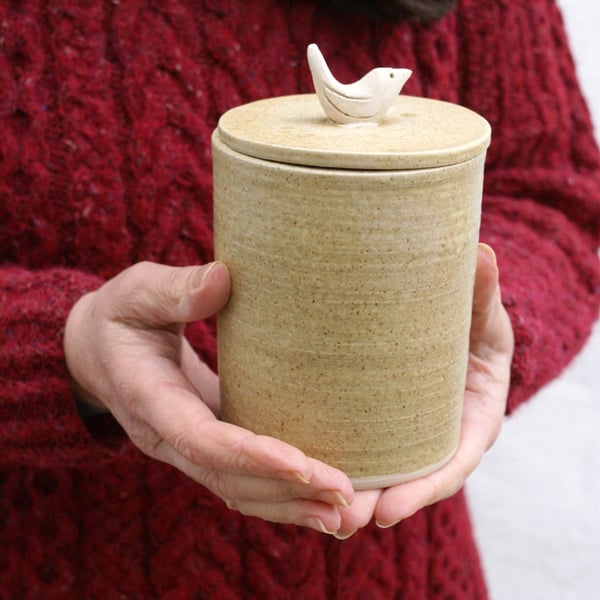 Little wren ceramic kitchen canister - stoneware pottery jar in natural brown