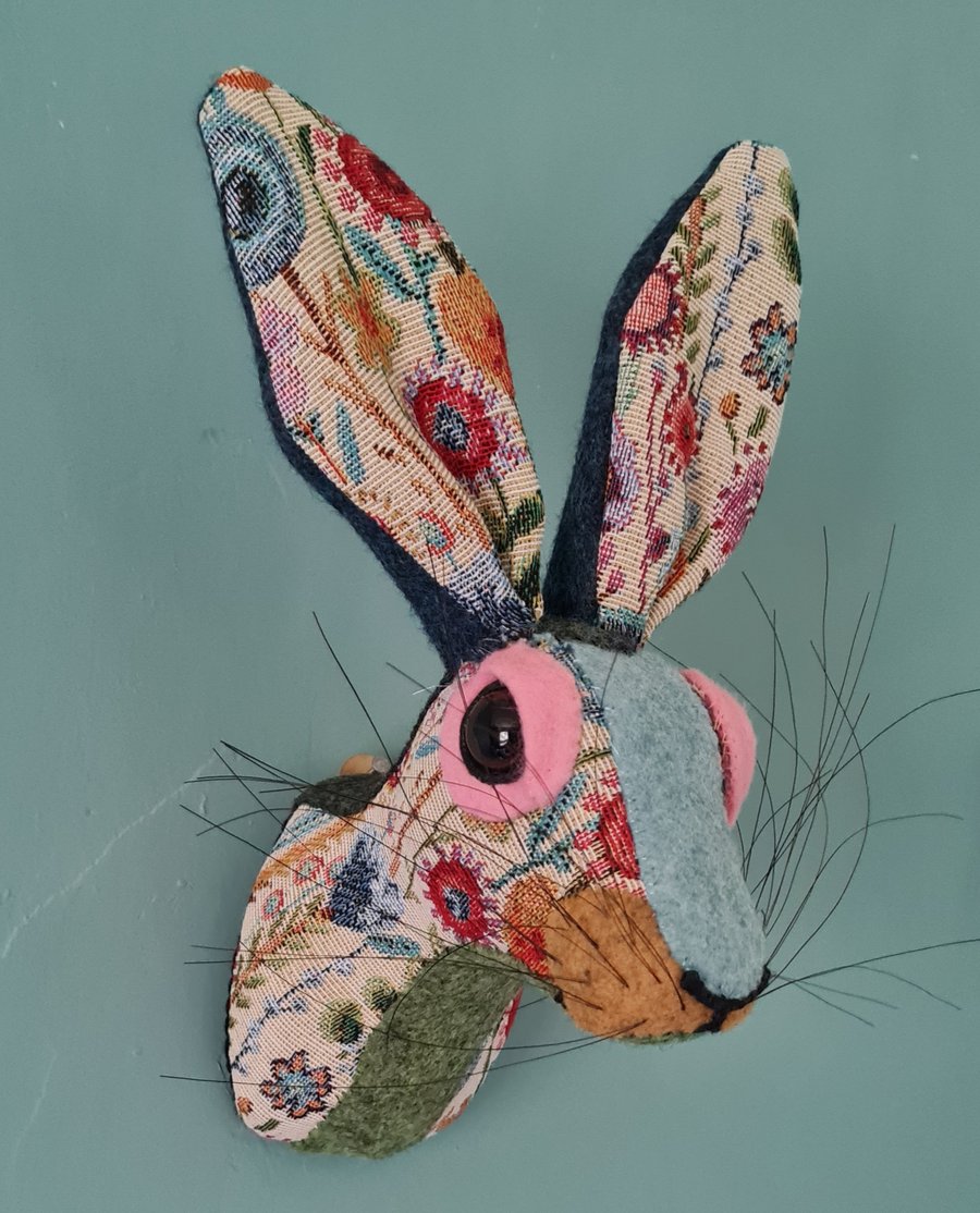 Faux hare head wall mount in floral tapestry fabric- Harriet