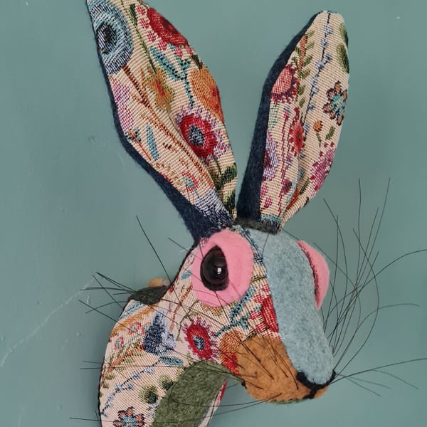 Faux hare head wall mount in floral tapestry fabric- Harriet