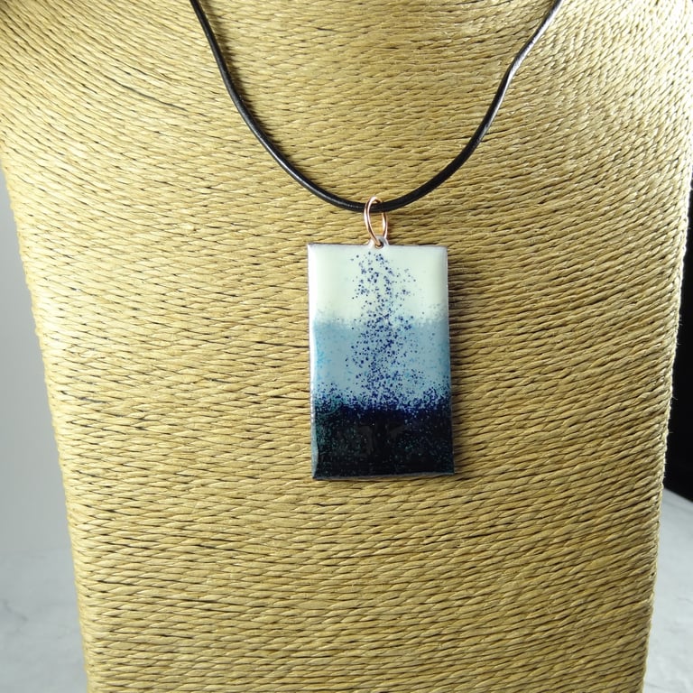 Ivory grey black glass enamelled copper pendant, leather cord, 47x29mm (0115)