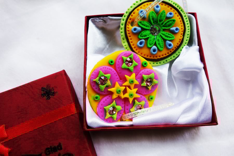 Polymer Clay Ornaments x 2 in red gift box Stocking Filler Xmas Tree