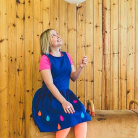 Pinafore Dress Royal Blue Ladies - with pink, orange and blue graphic raindrop 