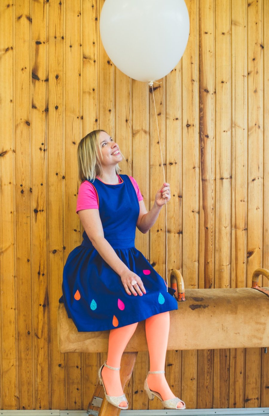 Pinafore Dress Royal Blue Ladies - with pink, orange and blue graphic raindrop 