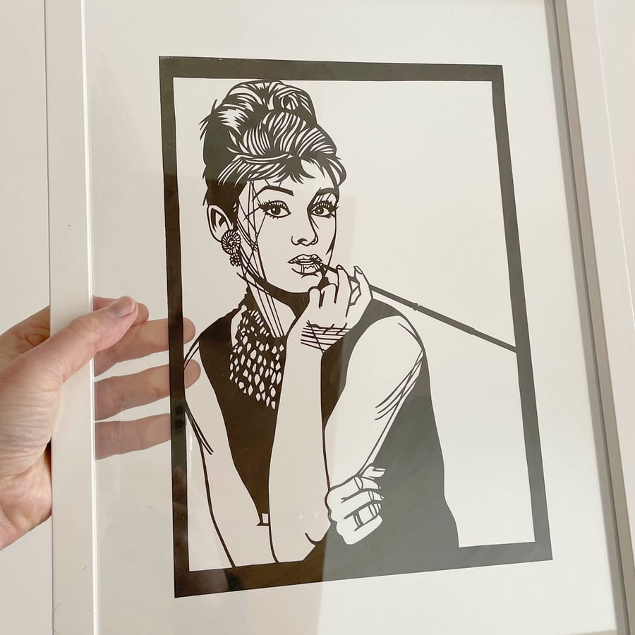 AUDREY HEPBURN handcrafted papercut, Available in 2 sizes, Iconic Film stars