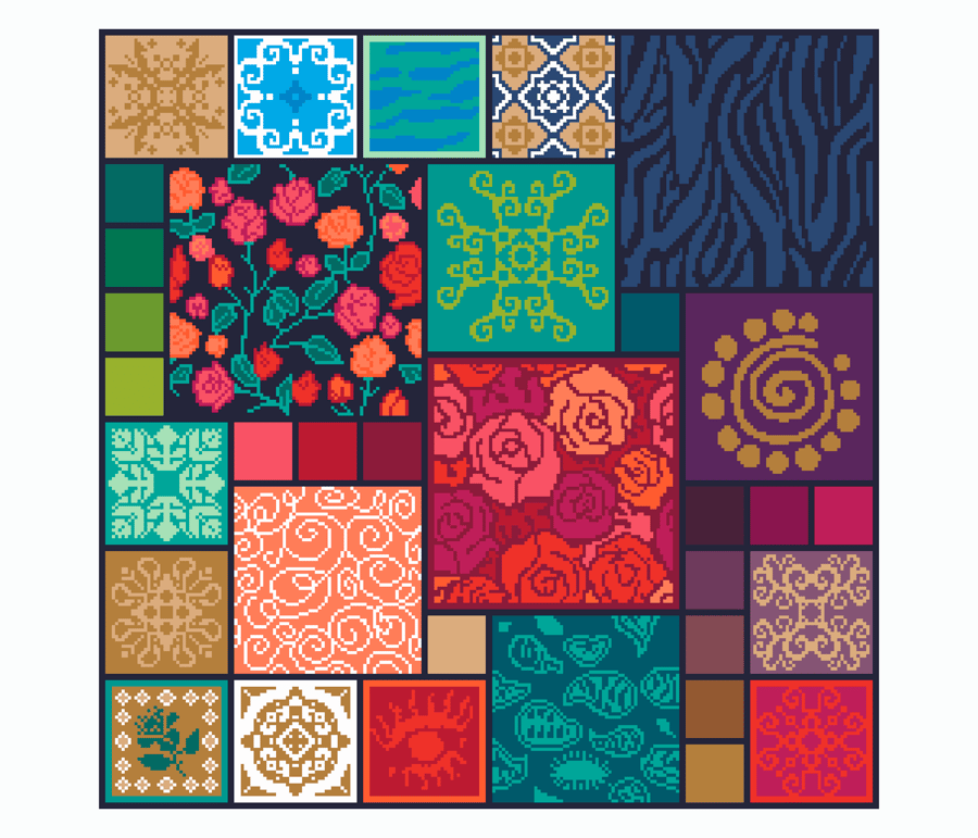 178 Textile collage with bohemian floral and geometrical tiles Colourful pattern