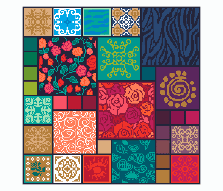 178 Textile collage with bohemian floral and geometrical tiles Colourful pattern