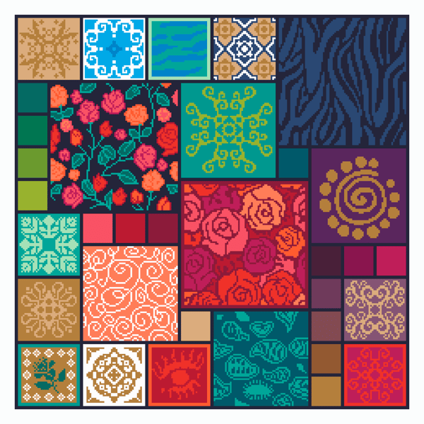 178 Textile collage with bohemian floral and geometrical tiles Colourful pattern