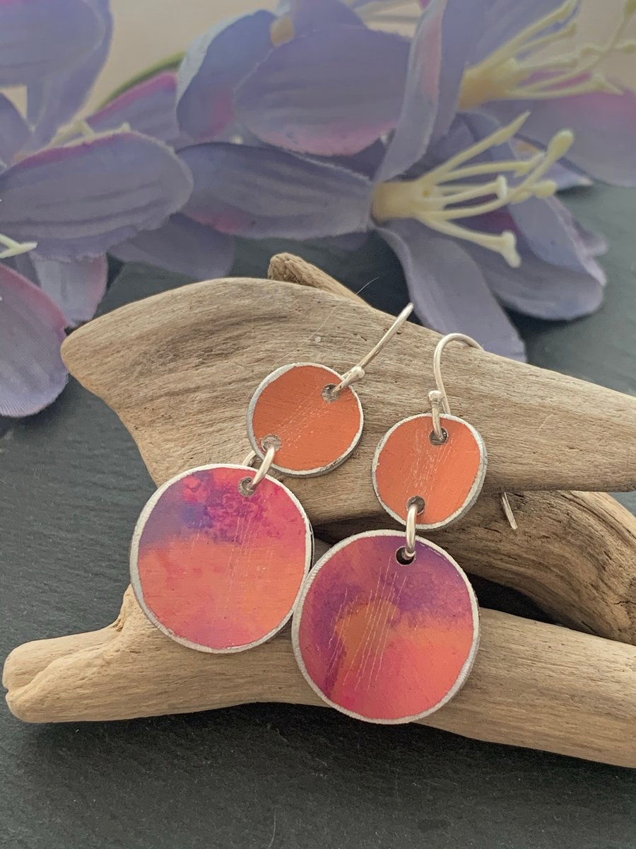 Printed Aluminium and sterling silver earrings - soft orange and purple sunset