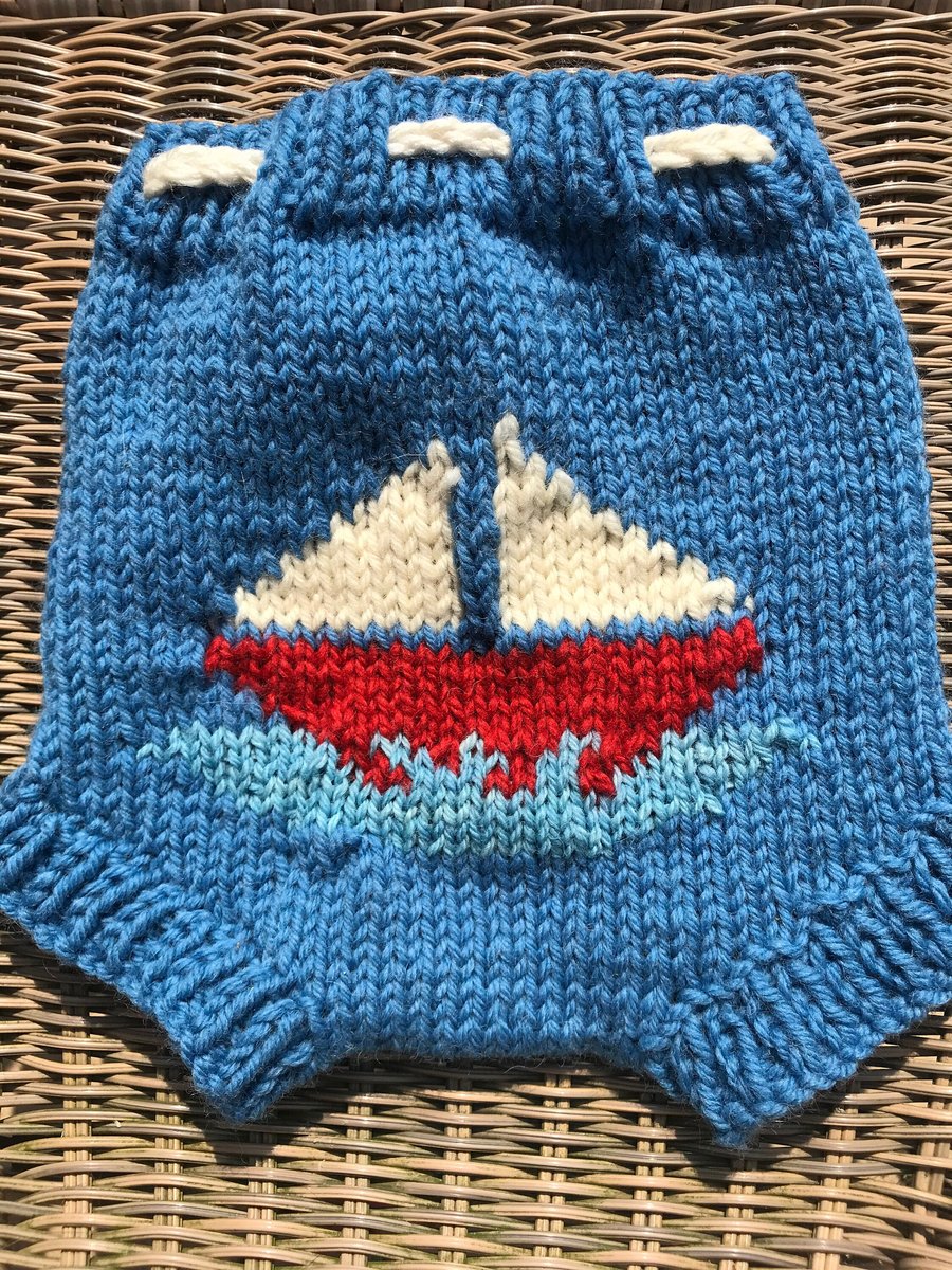Sail Boat wool nappy soaker,hand knitted, XL diaper cover,boys nautical shorties