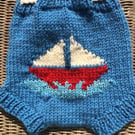 Sail Boat wool nappy soaker,hand knitted, XL diaper cover,boys nautical shorties