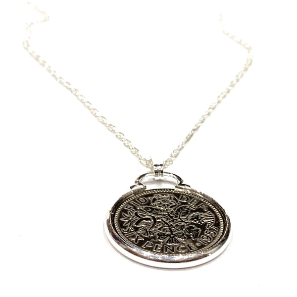 1957 67th Birthday Anniversary sixpence coin pendant plus 20inch SS chain gift 