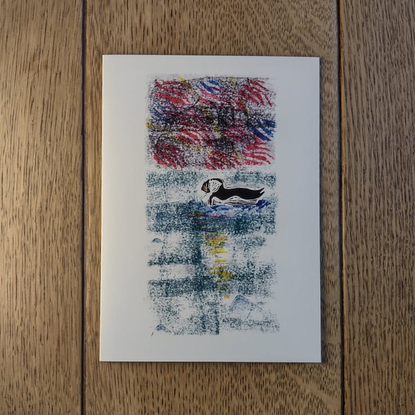 Puffin at sea, original design made using hand-cut stamps.