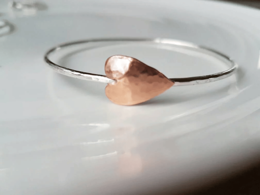 Copper leaf  heart on sterling silver bangle, stacking bangle made to order