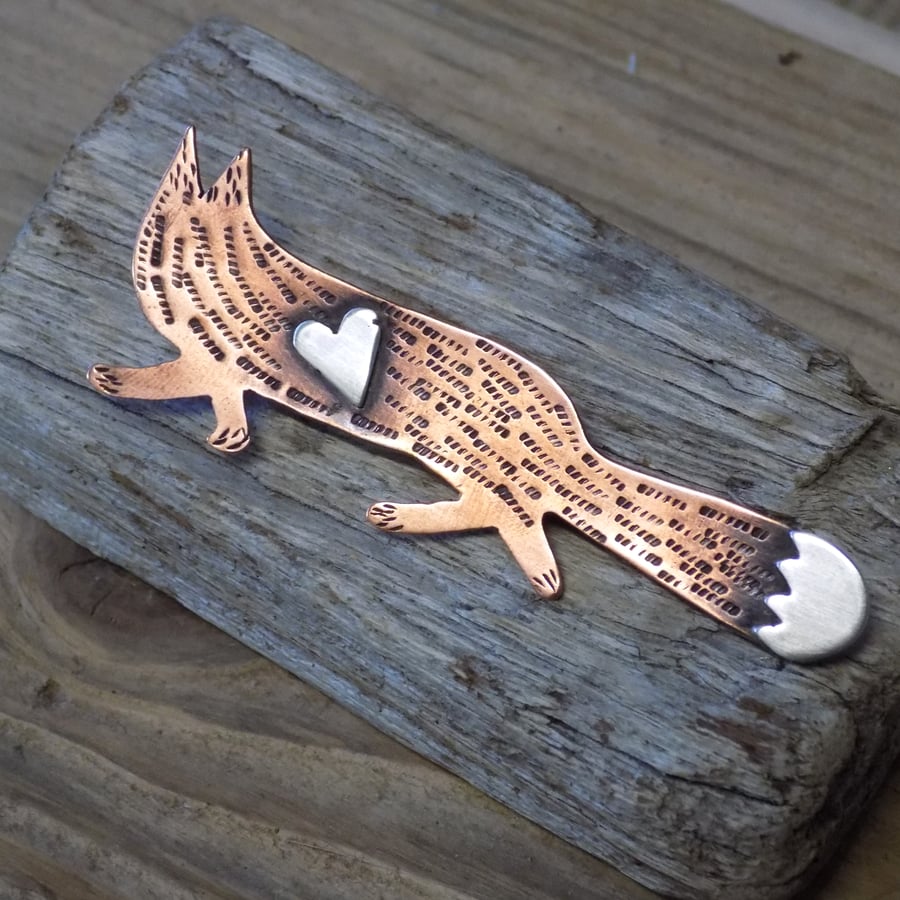 Copper and silver red fox mixed metals brooch 