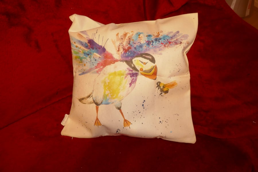 Puffin and Bee Cotton Canvas Cushion Cover 18" x 18"