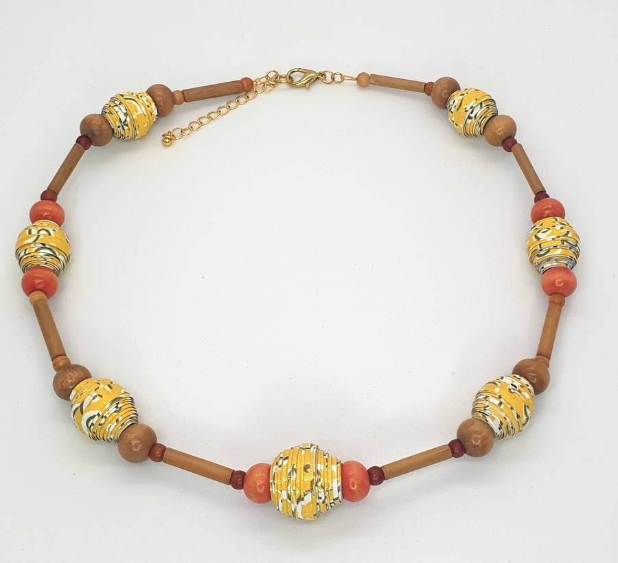 Extendable Yellow paper beaded colar  necklace with bamboo and wood separators 
