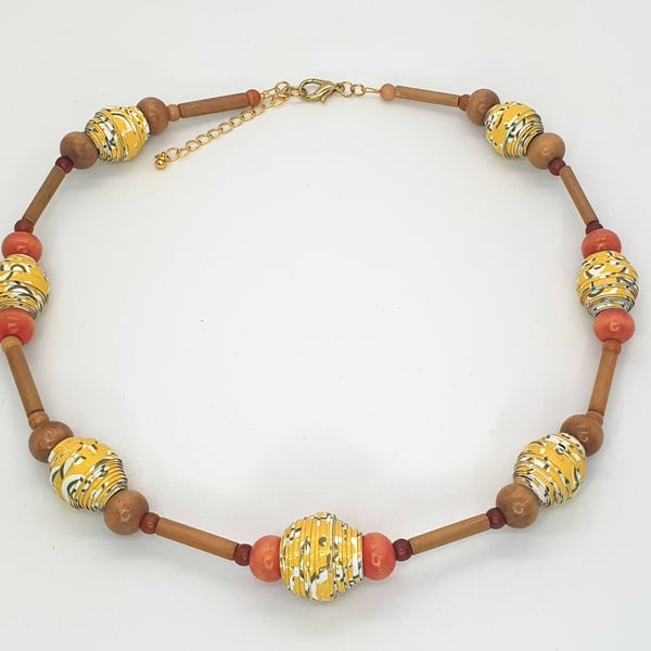 Extendable Yellow paper beaded colar  necklace with bamboo and wood separators 