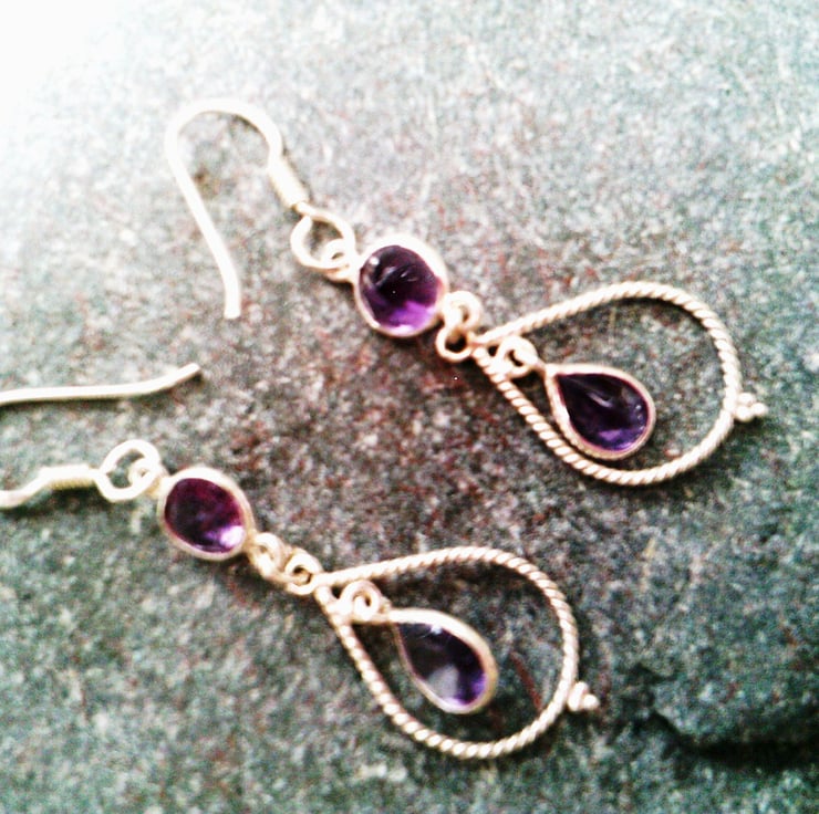 Genuine Amethyst and Lab Diamond Silver Dangle Earrings