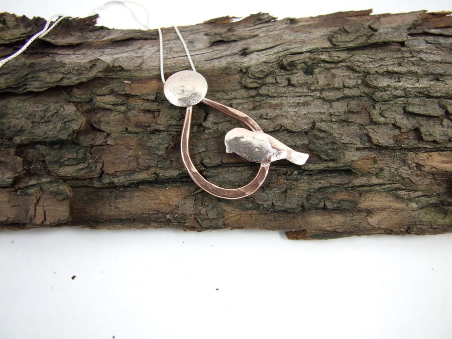Little Bird and Moon Necklace, Sterling Silver and Copper, Unique Design