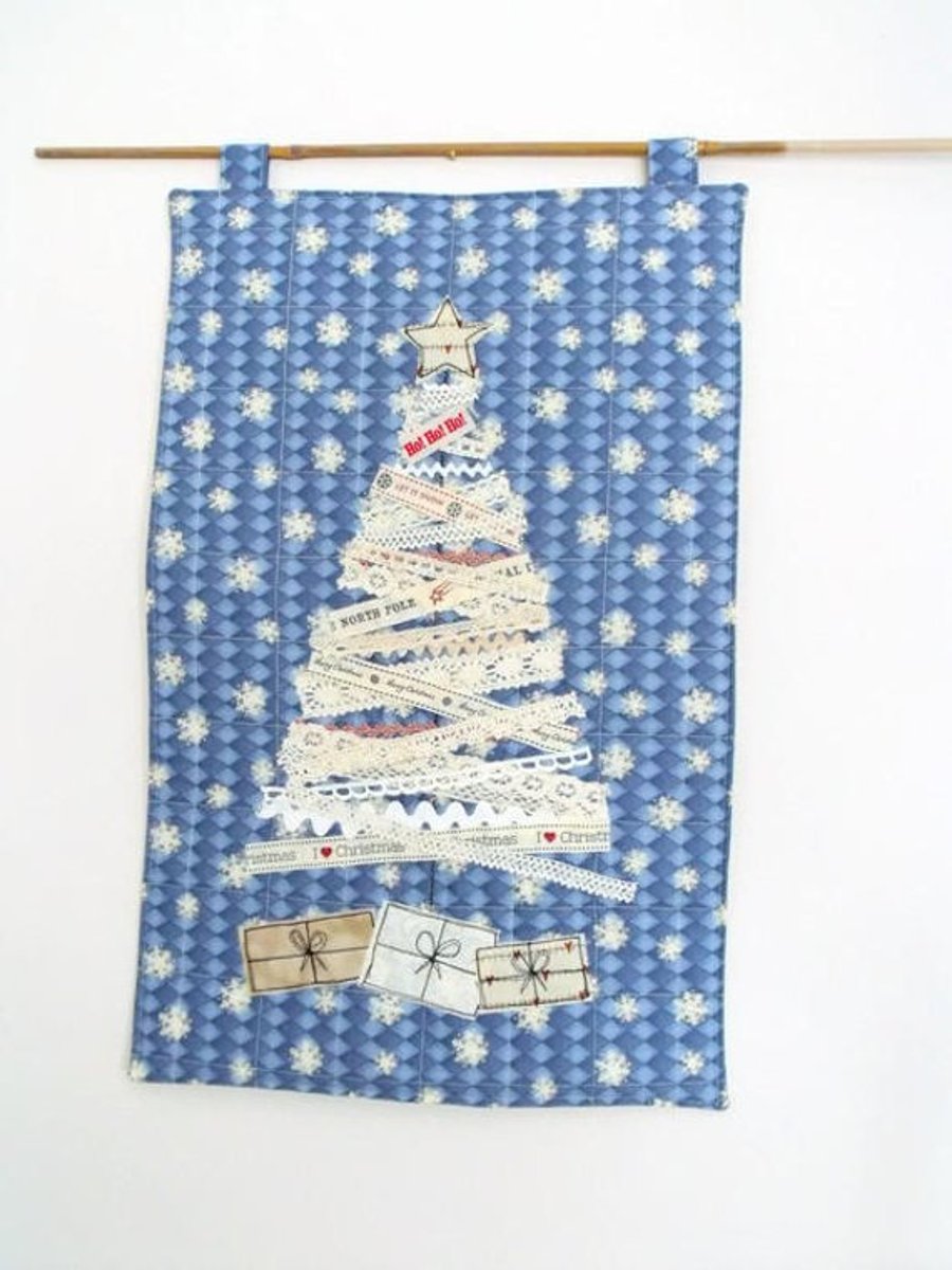 lace and ribbon christmas tree and presents wall hanging decoration