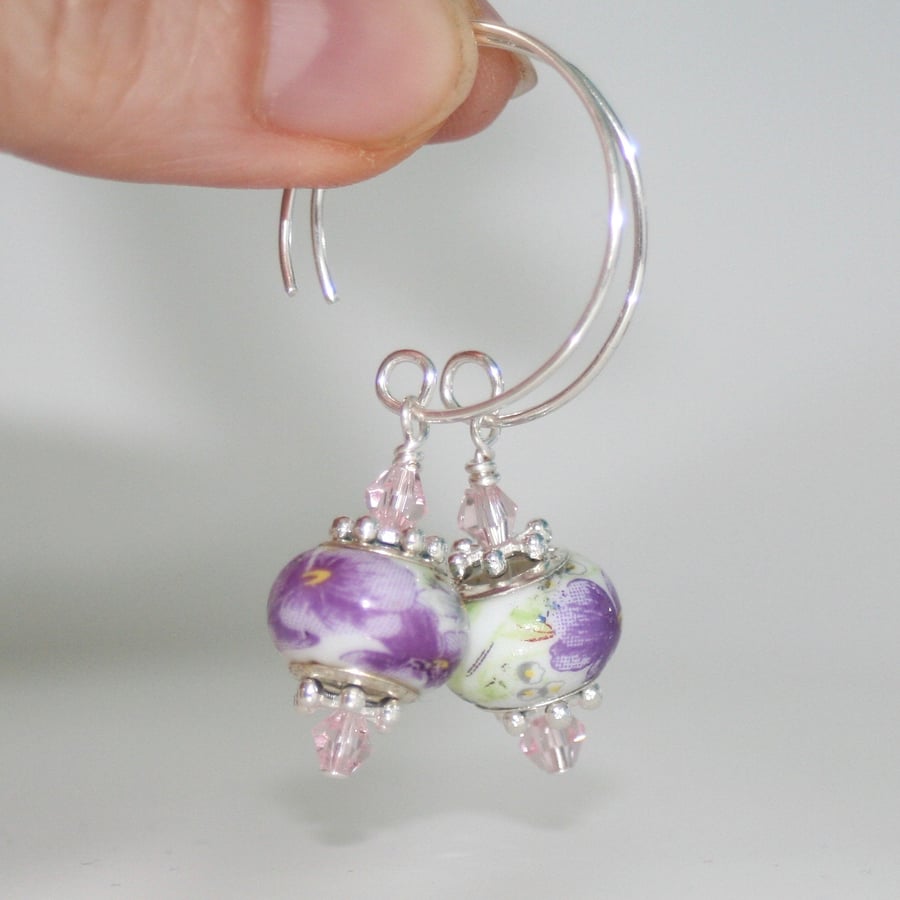 Purple ceramic hoop earrings