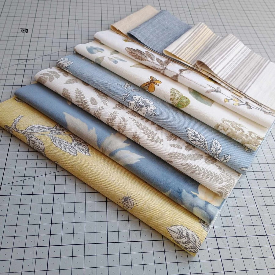 Floral scrap fabric bundle - Blue and Yellow reclaimed curtain samples 