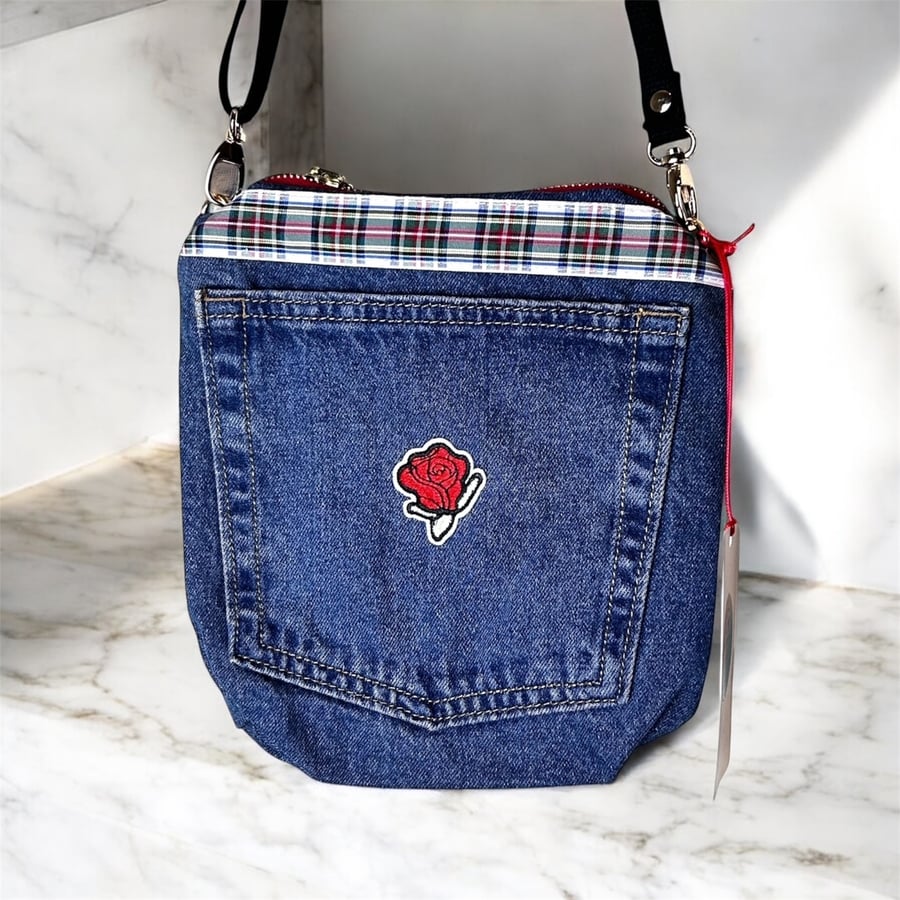 Black Cotton Bag with Zipped pocket and tartan stripe