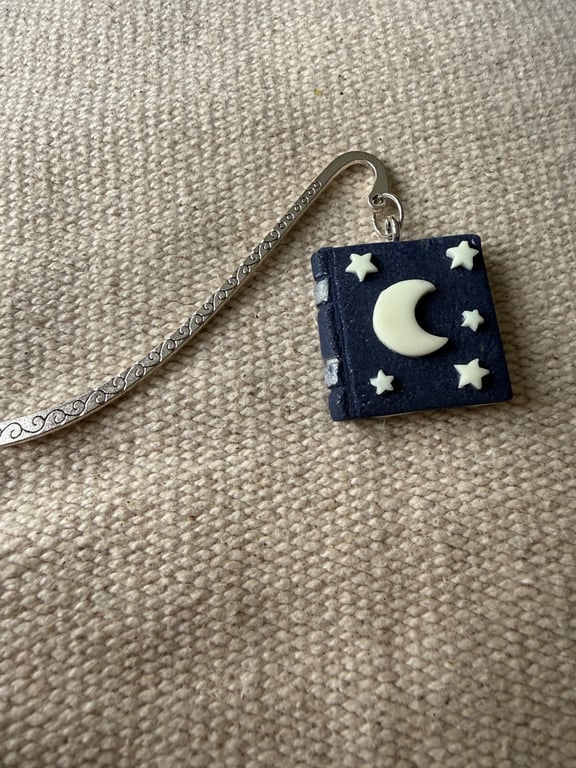 Handmade polymer clay blue star and moon book bookmark 