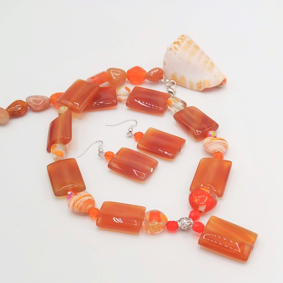 Orange Rectangular Beads and Hearts Necklace with Rectangle Pendant and Earrings