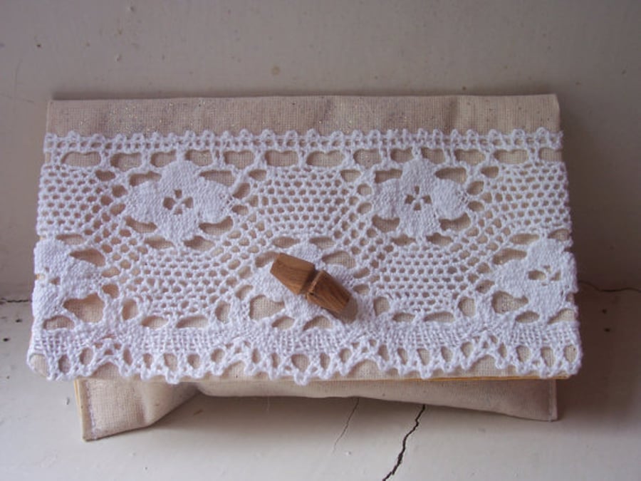 Fabric clutch bag with vintage lace feature - Charlotte