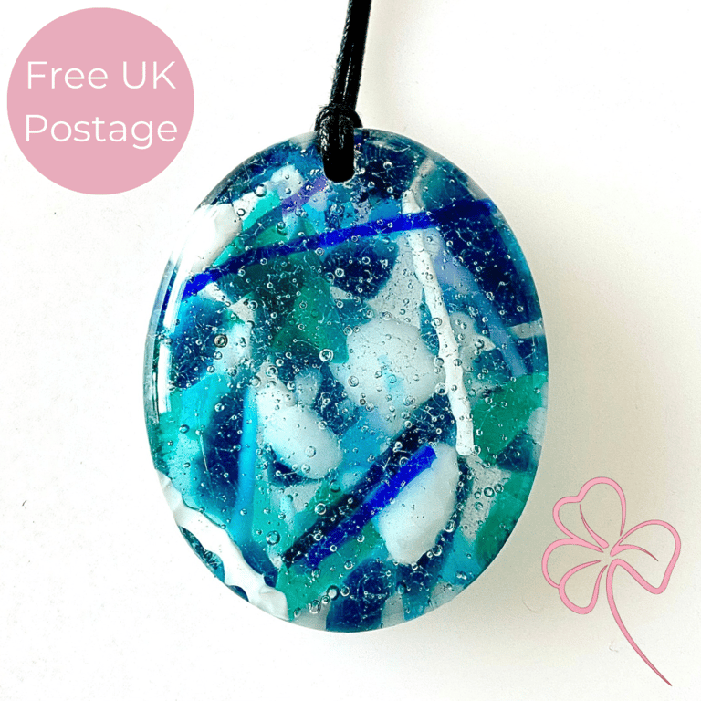 Swimming Pool Blue Oval Fused Glass Pendant Necklace 