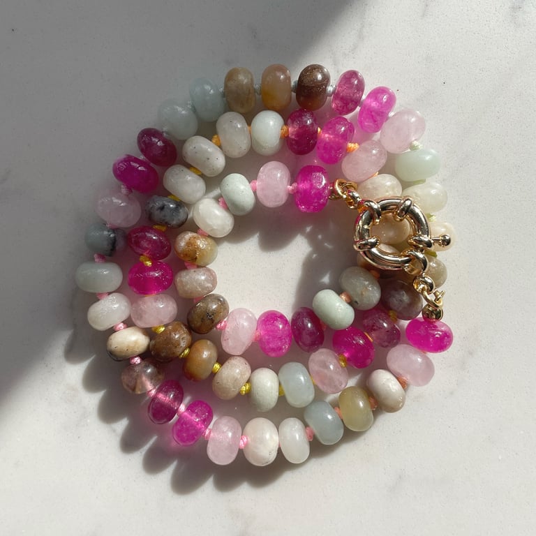 Raspberry Ripple Hand Knotted Beaded Gemstone Necklace