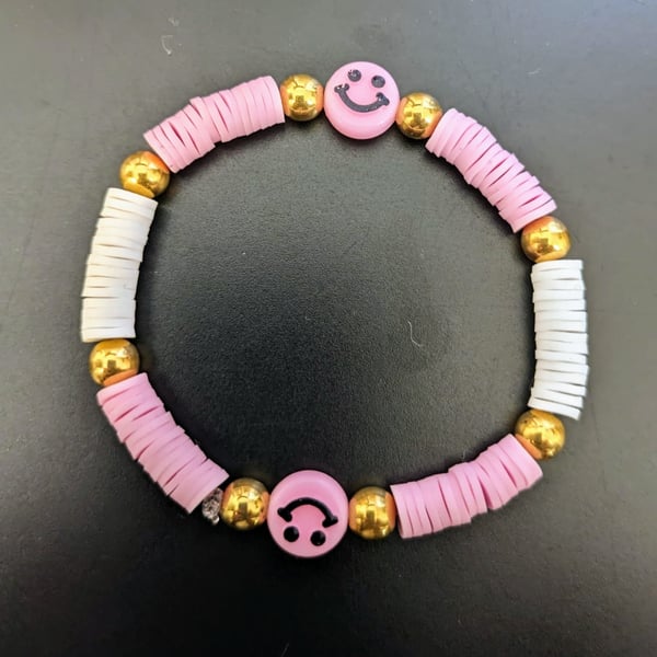 Pink Smiley Face - Handcrafted Polymer Clay Elasticated Bracelet