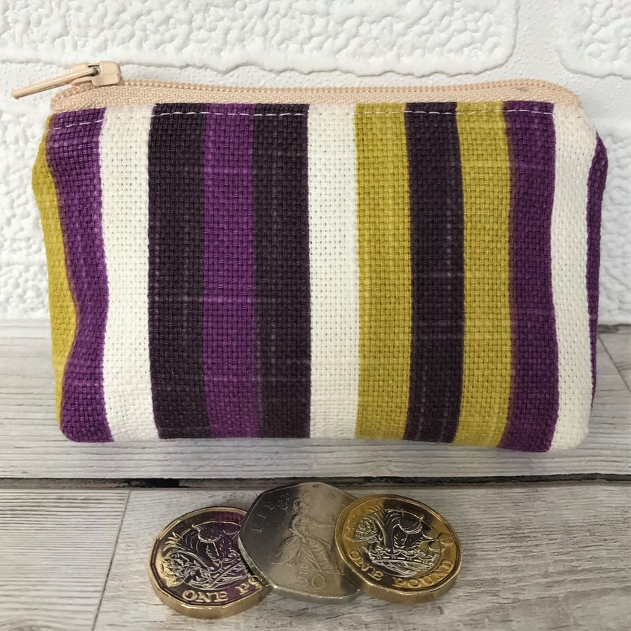 Striped small purse in purple, lime green and white