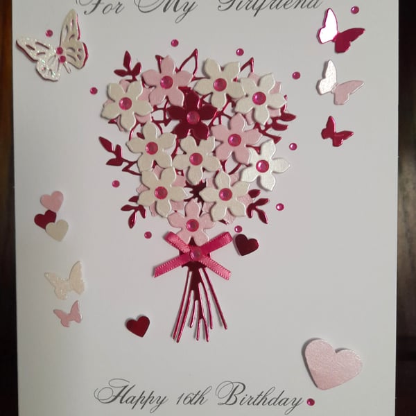 Handmade Floral Birthday Card – Pink 3D Bouquet – Personalised for Her A5 Card