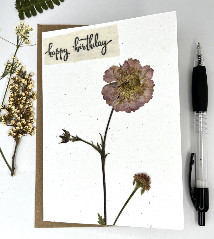 Handmade Real Pressed Geum, Birthday Card