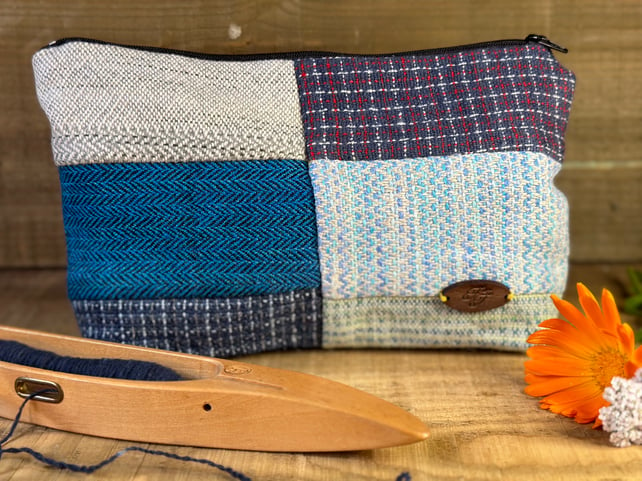 Large Zip Pouch in Blue Patchwork. Hand Dyed & Woven British Wool Lined Pouch