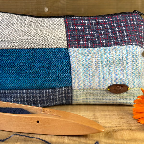 Large Zip Pouch in Blue Patchwork. Hand Dyed & Woven British Wool Lined Pouch